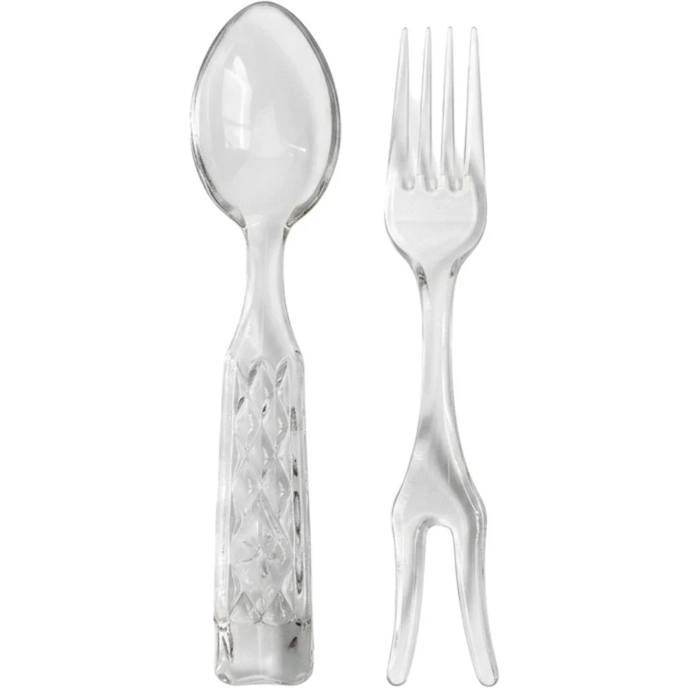 Vintage Clear Pressed Glass Salad Serving Set Spoon Fork Diamond Starburst P4